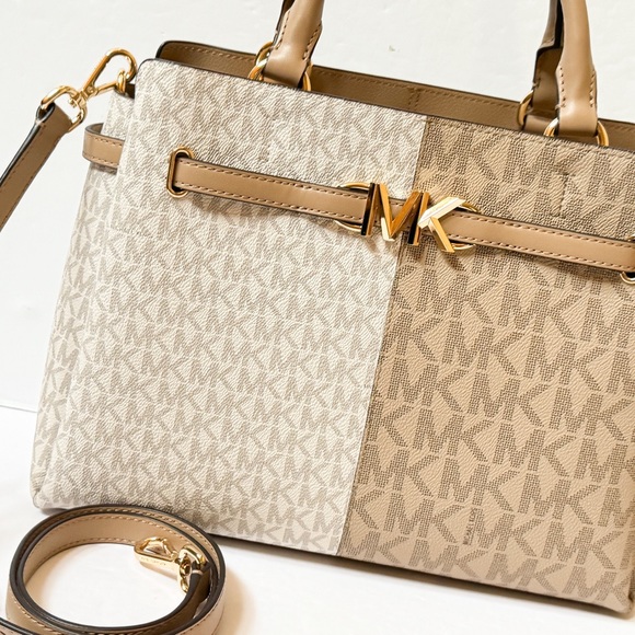 Michael Kors Reed Large Belted Satchel Shoulder Crossbody Bag MK Camel Multi - Picture 15 of 15